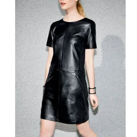 Halogen NORDSTROM New Leather & Ponte Knit Shift Dress ESPRESSO BLACK Womens XLP - Picture 2 of 16
